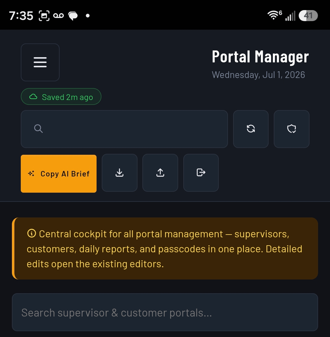 Portal Manager on a phone, top of screen: cockpit header, sync actions, and portal search