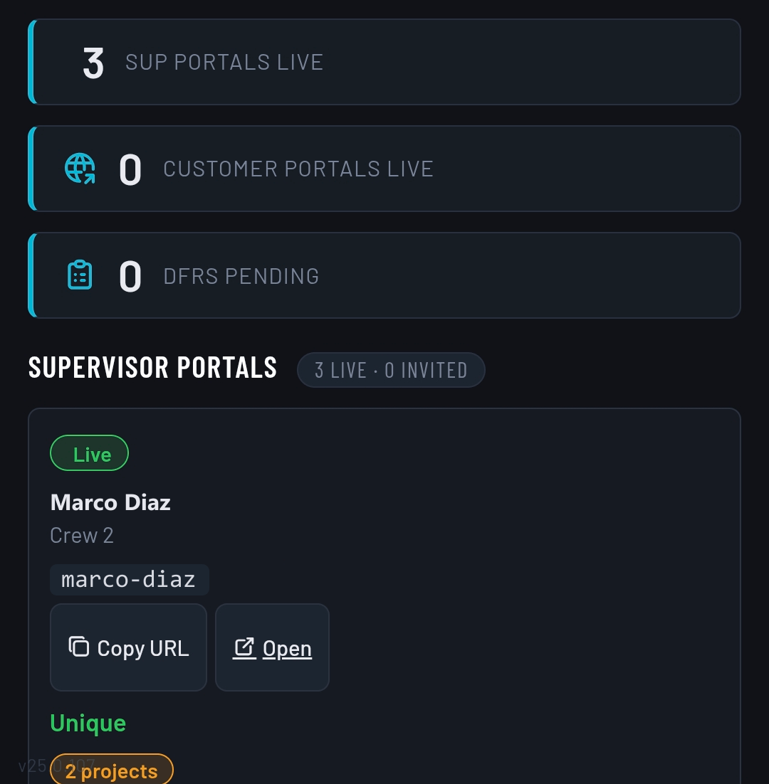 Portal Manager on a phone, continued: live portal counts, pending daily reports, and supervisor portal cards